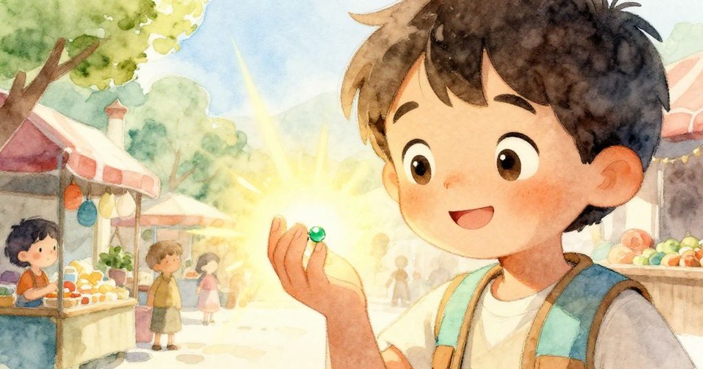 Hugo滿臉欣慰輕握著珍貴綠珠，溫暖光芒映襯下展現出成功與喜悅，歷經波折後獲得勝利。