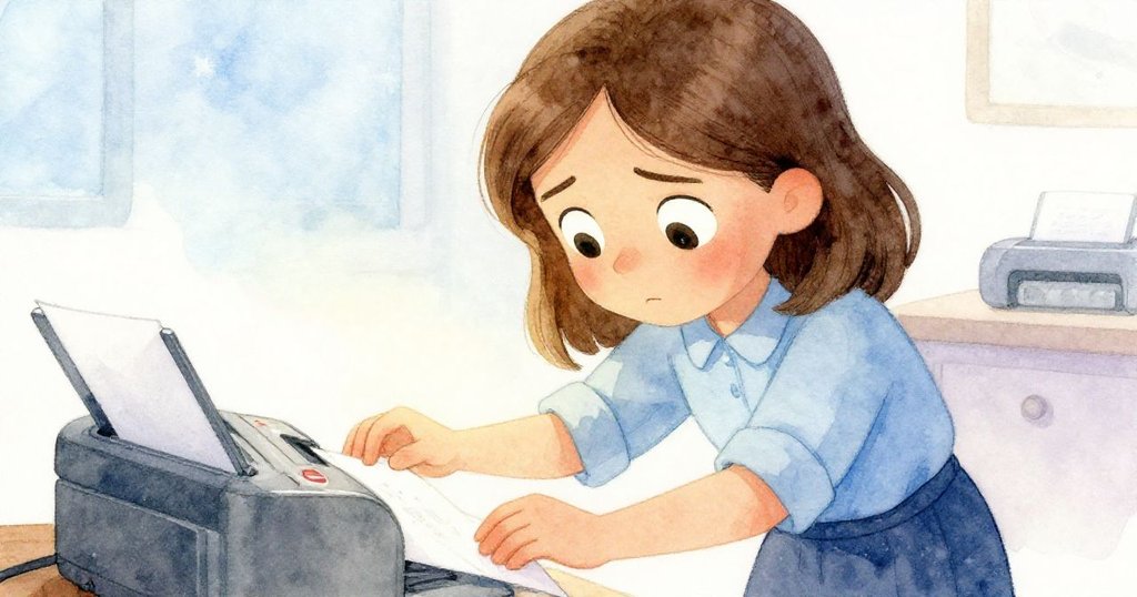 多恩眼神專注凝望印表機上閃爍紅燈與卡紙,表情充滿決心與些微焦慮,近景細膩呈現。