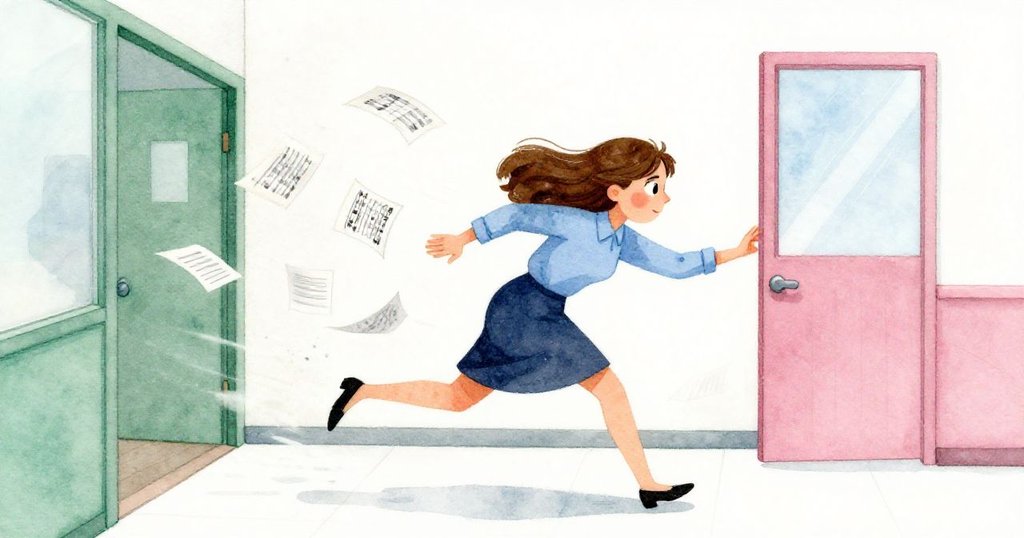 多恩奔跑追趕從感應門飛出的樂譜,走廊中紙張亂舞,室內微風掀起動感畫面。