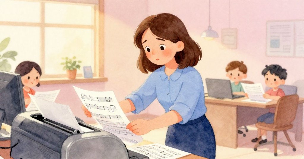 多恩滿懷寬慰整理樂譜紙張,將整齊文件放回印表機旁,溫暖夕陽照亮辦公間,洋溢成功喜悅。