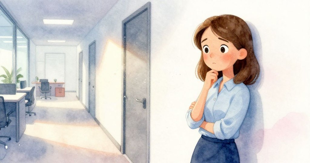 多恩倚靠走廊牆邊休息,靜賞閉門下隱約飛揚灰塵與整齊樂譜,夕陽柔光營造寧靜收尾。