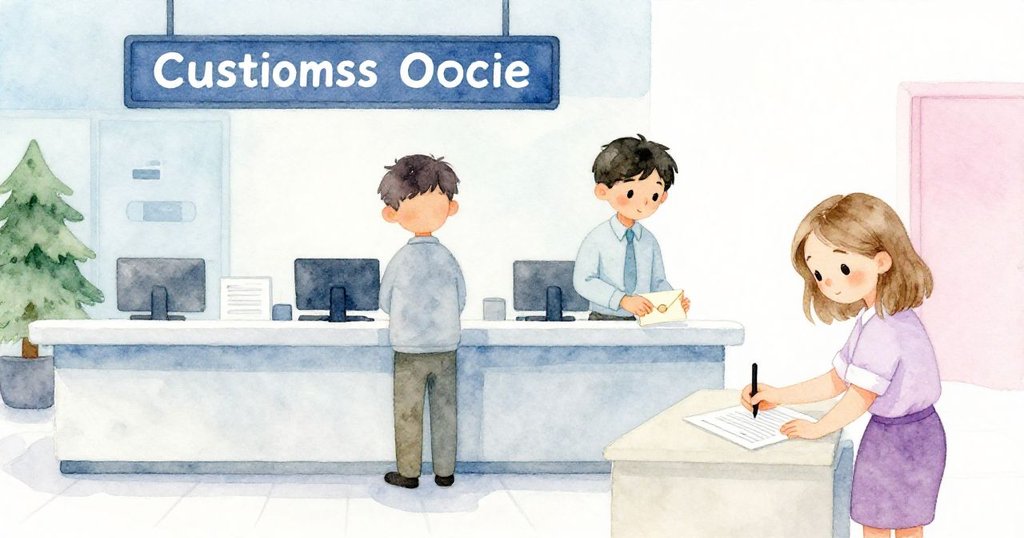 赫克托輕觸信封，皮亞在辦公桌前認真填表，背景為現代海關室內，神情平靜期待後續發展