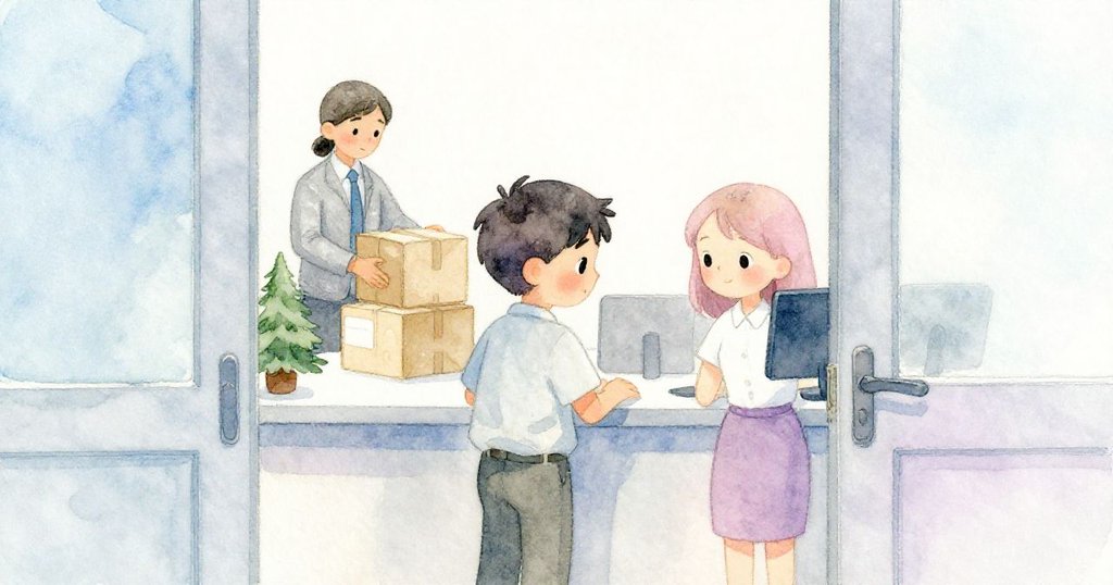 透過半掩的門縫觀察，一位職員在背景中整理包裹，赫克托與皮亞於櫃台專注工作，辦公室日常氛圍流露