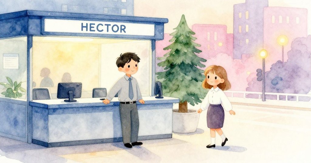 赫克托和皮亞在溫暖黃昏光線中離開海關櫃台，輕鬆對話約定晚間公車時刻，結束一天的小挑戰