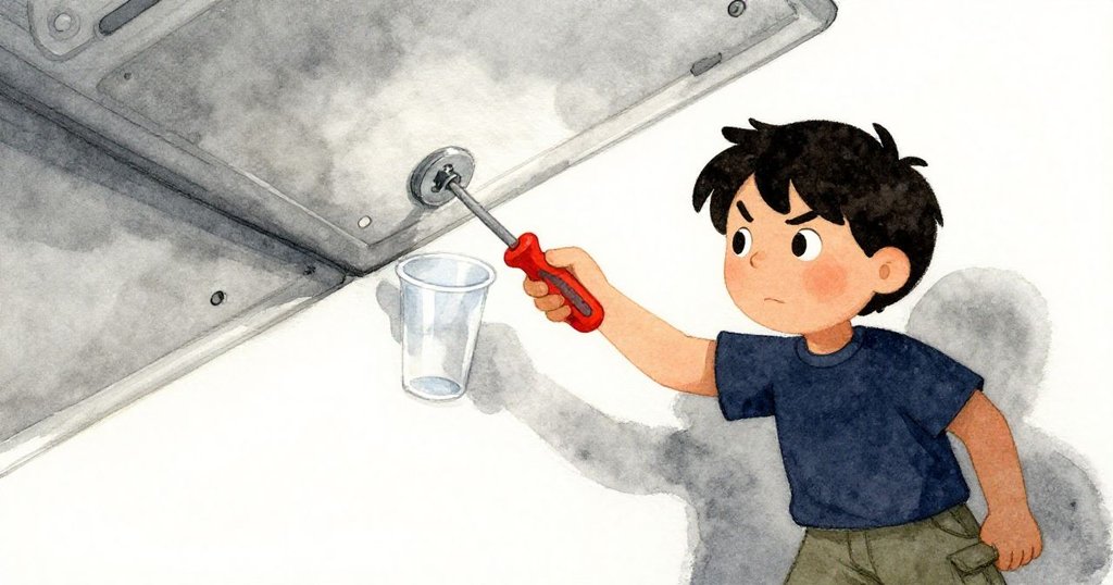 Axel的手握著螺絲起子對準鬆動天花板，近拍細節展現塑料杯旁緊張氣氛。