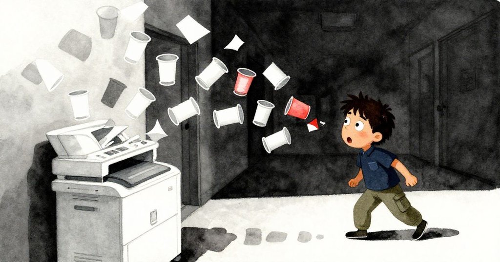 塑料杯連鎖倒下，引發紙張飛散在走廊，Axel驚訝凝視場面，動感十足，視角略帶傾斜。