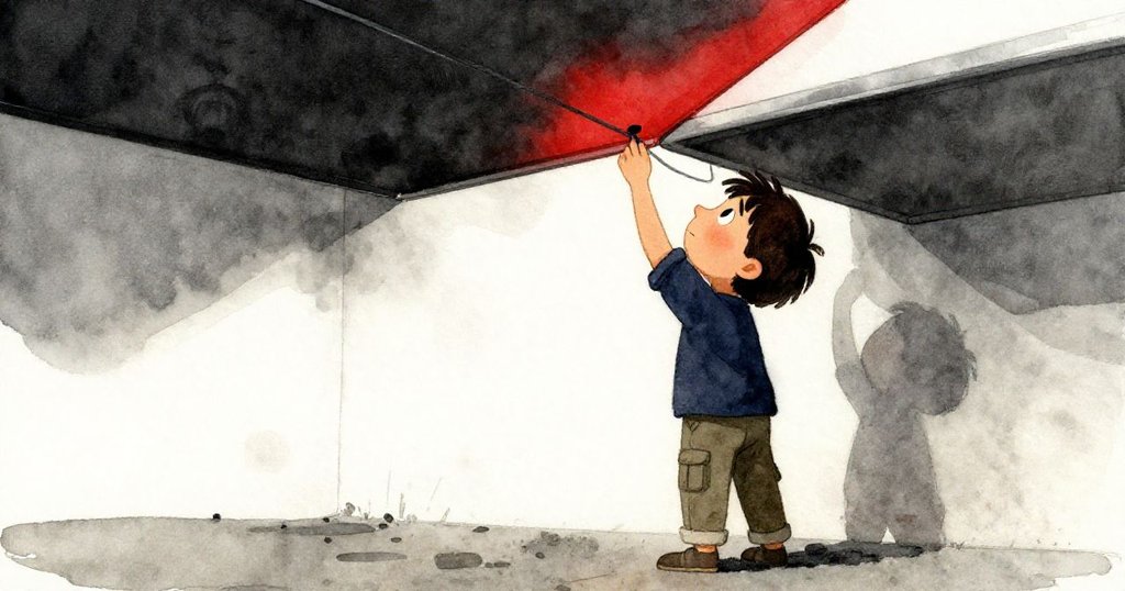 Axel回憶檢查電纜時神情謹慎，鬆動天花板與電纜細節清晰呈現，懷舊柔和色調滲透畫面。