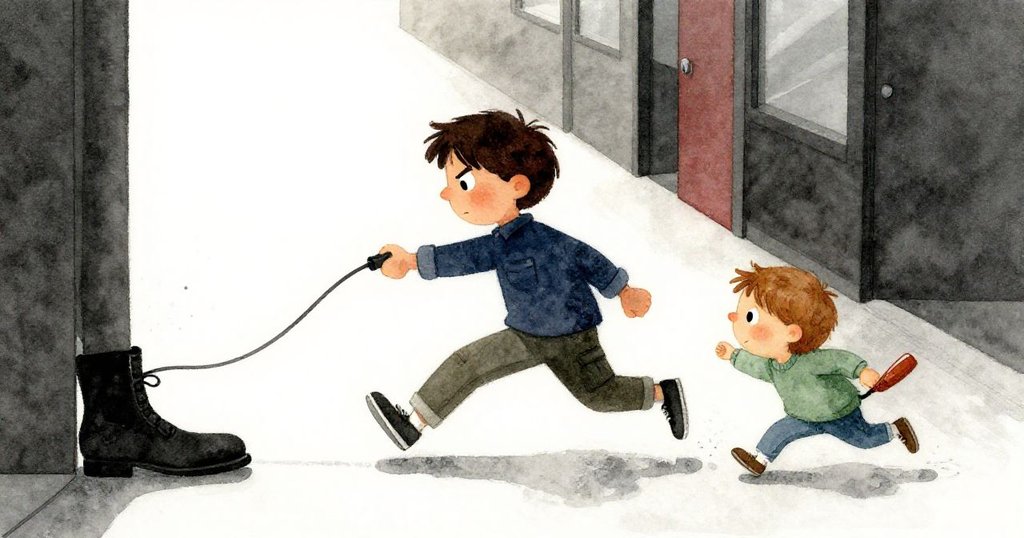 Wren迅速穿越走廊，閃避Axel的靴子，果斷拉出電源插頭，動作敏捷且充滿決心。