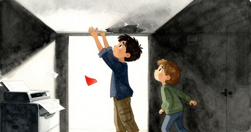 Axel穩步修補鬆動天花板面板，Wren滿懷安心注視，偶見紙頁滯留，場景轉歸寧靜而溫暖。