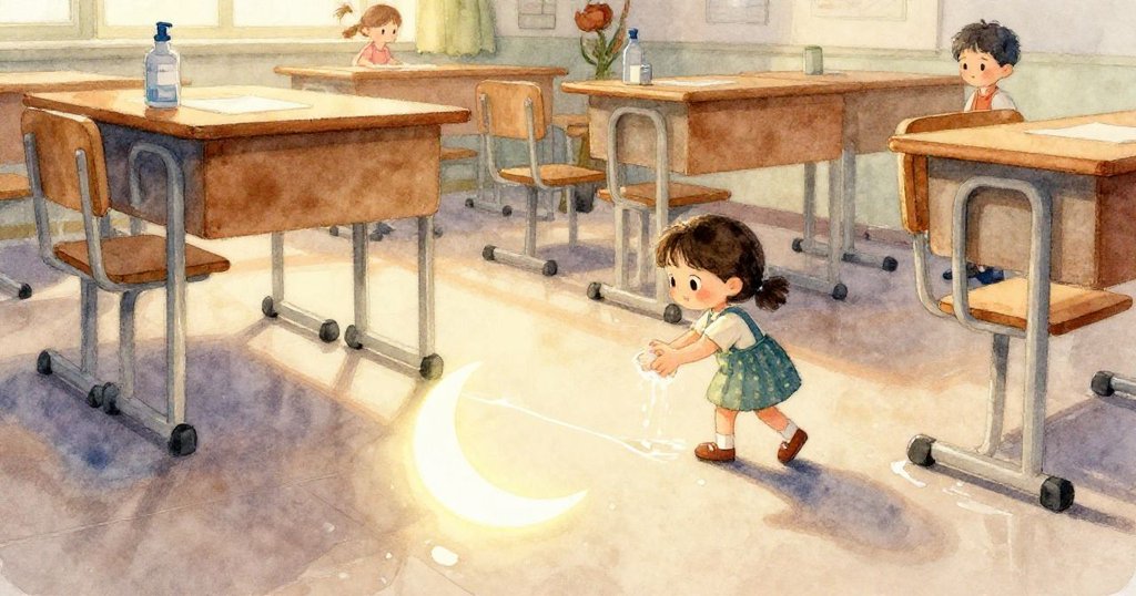 Zara 的手輕觸著地板上亮閃閃的新月狀水痕, 水珠在柔光中散發著奇妙光澤, 呈現出細膩美感。