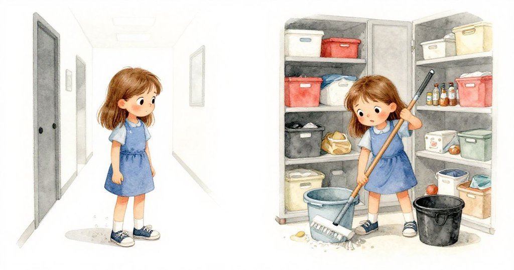 Zara 分別在走廊輕步前行和儲藏室努力移動桶子, 充滿幽默與專注, 兩個場景展現巧妙解決困境。