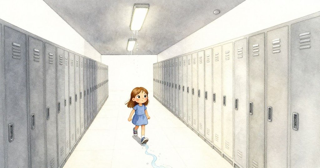 從高處俯瞰走廊, 門鎖旁隱約可見滴水, Zara 穿梭其中專注追尋水跡, 呈現沉靜氛圍。