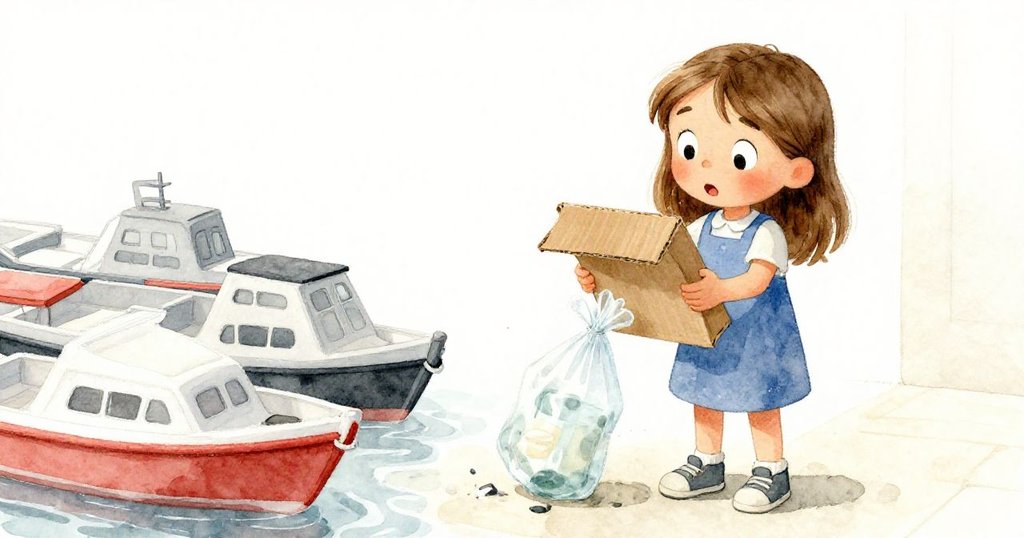 Zara 舉起紙板海港模型, 發現漏水的塑膠袋與水瓶, 臉上先驚後喜, 場景充滿細膩溫暖光線。