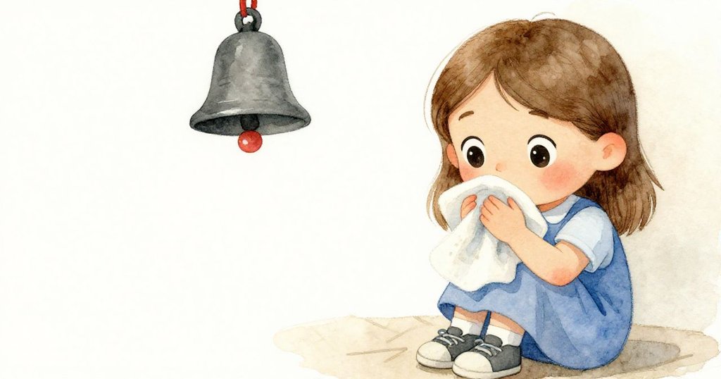 鈴聲響起, Zara 以乾爽袖子輕拭地板上淡去的水痕, 臉上流露出平靜滿足, 室內場景散發出溫柔光芒。