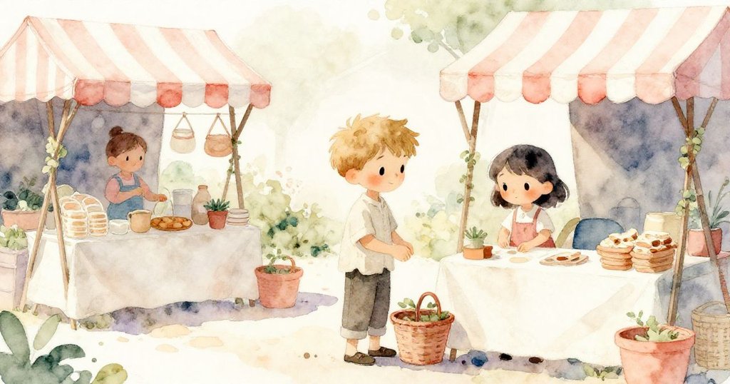 Grey與Nora在溫暖市集中忙碌，條紋遮陽篷、桃籃和行人交織出早晨熱鬧景象，雙人充滿期待。