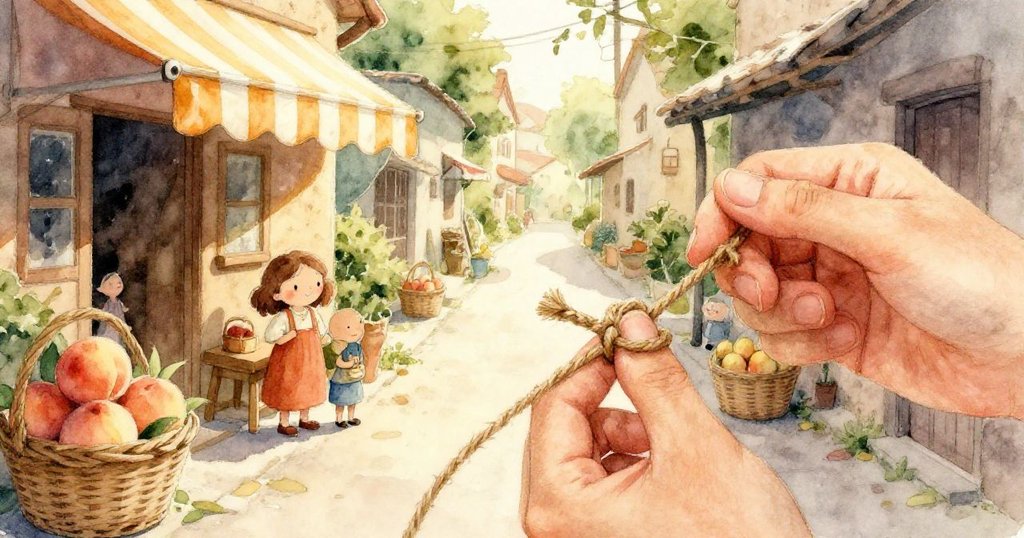 以Grey視角呈現市場背景，眼前浮現褪色帆布上躍出的魚圖與木柱，陽光碎影透露出期待與忙碌氛圍。