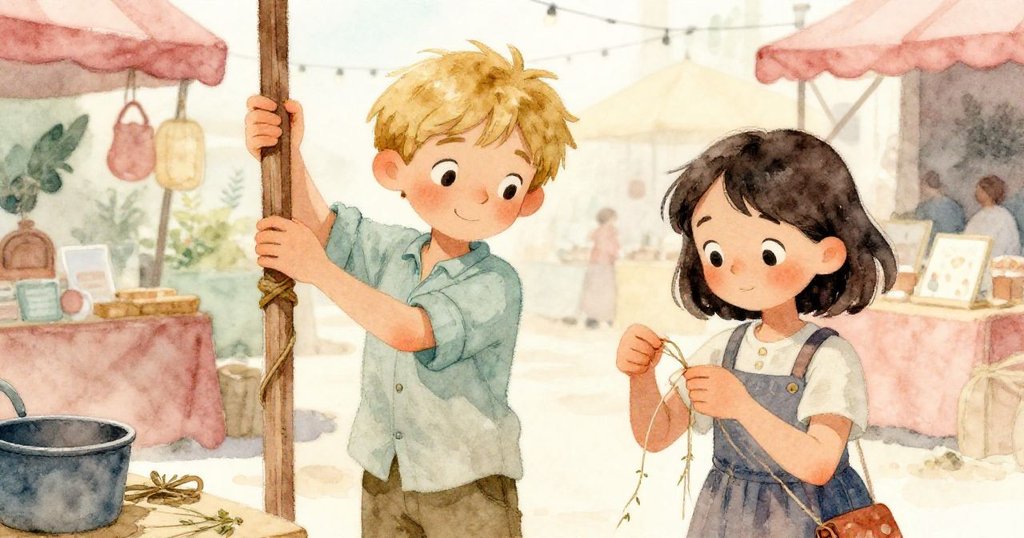 在轉換空間裡，Grey甩繩操作、Nora穩定木柱，市場中交織的布幔與背景展現出緊張又協作的瞬間。