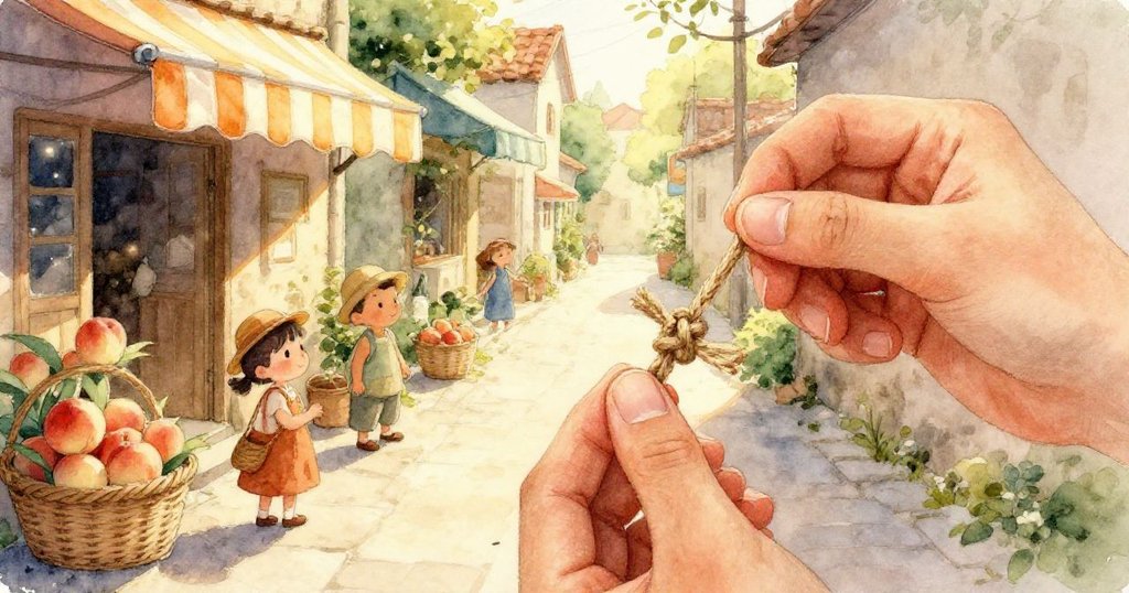 紙魚與杜松針似雨般灑落在椰棗上，市場角落中留有薄荷與肉桂塵跡，預示著靜謐而溫暖的落幕。