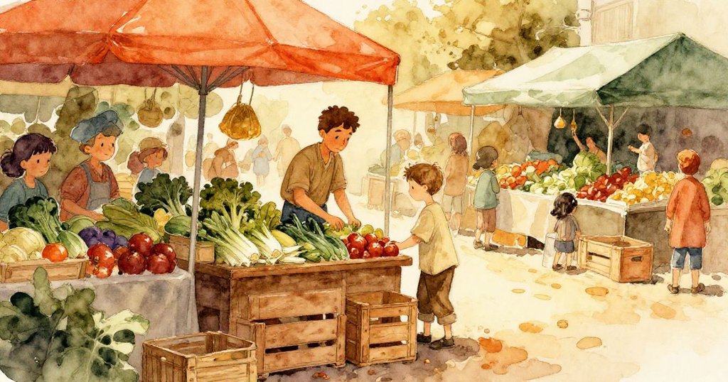 诺埃尔在蔬果市場攤位前檢查半空木箱，顧客靜候於微藍光中，氣氛忙碌而堅定。