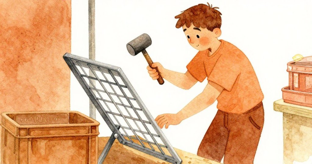 诺埃尔專注用膠頭槌敲打搖晃鐵柵，手部動作與市場陳列瓶罐細膩呈現，氛圍緊迫。