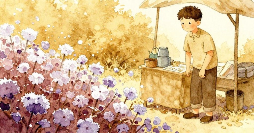 诺埃尔凝視染紫花床，泥土與霜白花瓣交織記憶，內心驚喜與沉思交錯，氛圍柔和溫暖。