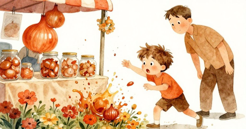 男孩匆促穿過攤位，撞翻洋蔥罐飛濺，诺埃尔驚愕神情突顯市場混亂瞬間，動感十足。