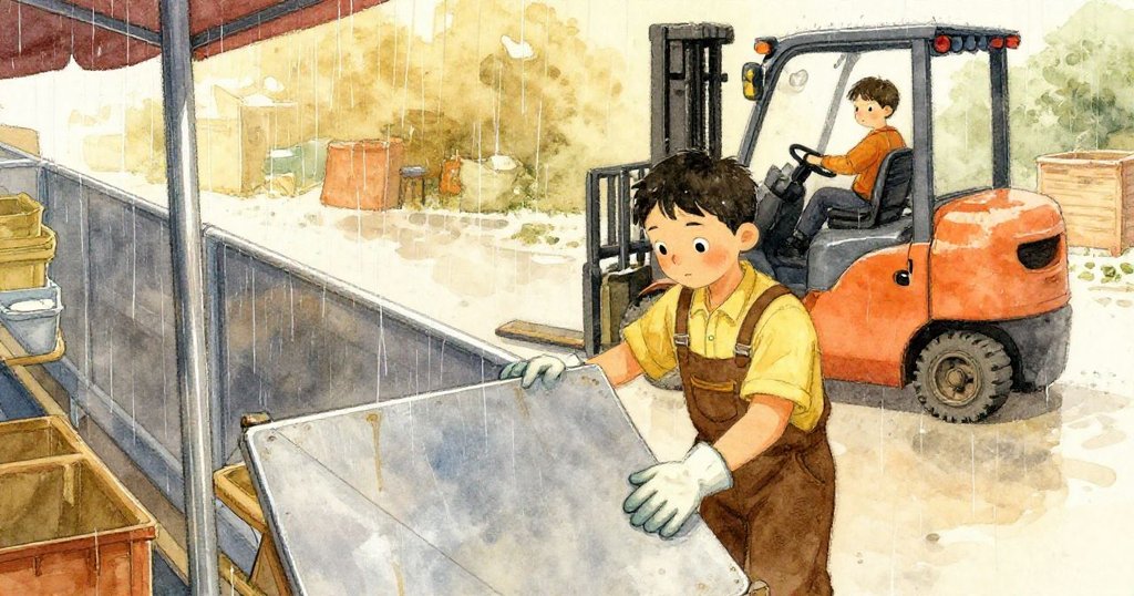 市場貨區，工作人員戴手套穩定鐵柵欄，叉車與雨絲映襯出忙碌續篇，氛圍堅定而充滿希望。