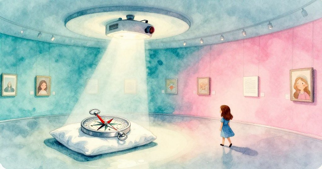 塔拉走進展覽廳,淡光映射在銀色指南針上,她的剪影與明亮背景形成對比,展現初探冒險情景。