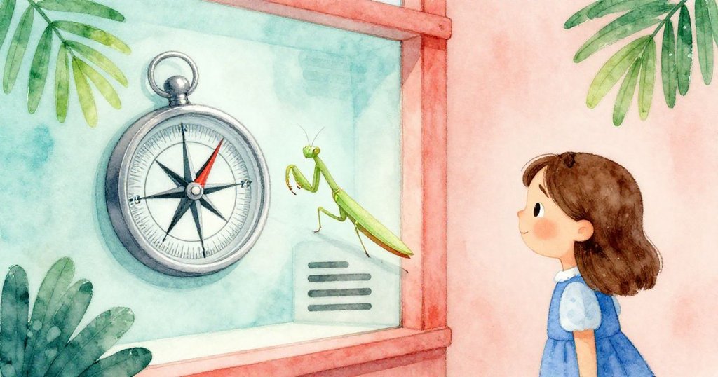 指南針平台傾斜對準隱約通風縫,薄綠螳螂在邊緣準備踏出,展現神秘隱藏空間的細膩美感。