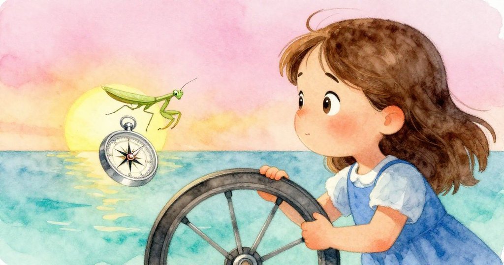 塔拉臉上流露疑惑與驚奇,用力握著轉輪,目光緊盯著正起飛的薄綠螳螂,情感複雜且強烈。