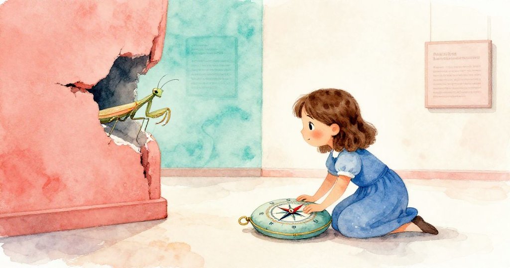 塔拉輕推指南針墊子,薄綠螳螂進入隱蔽縫隙,她踏向下一走廊,展現和諧與延續之旅的意境。