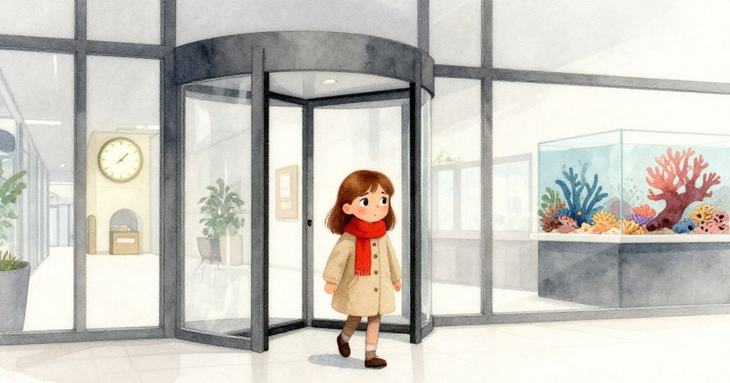 奧莉芙穿過旋轉門進入昏暗大廳，背景有巨大珊瑚水族箱與微黃色餵食鐘，臉上透露出好奇與期待