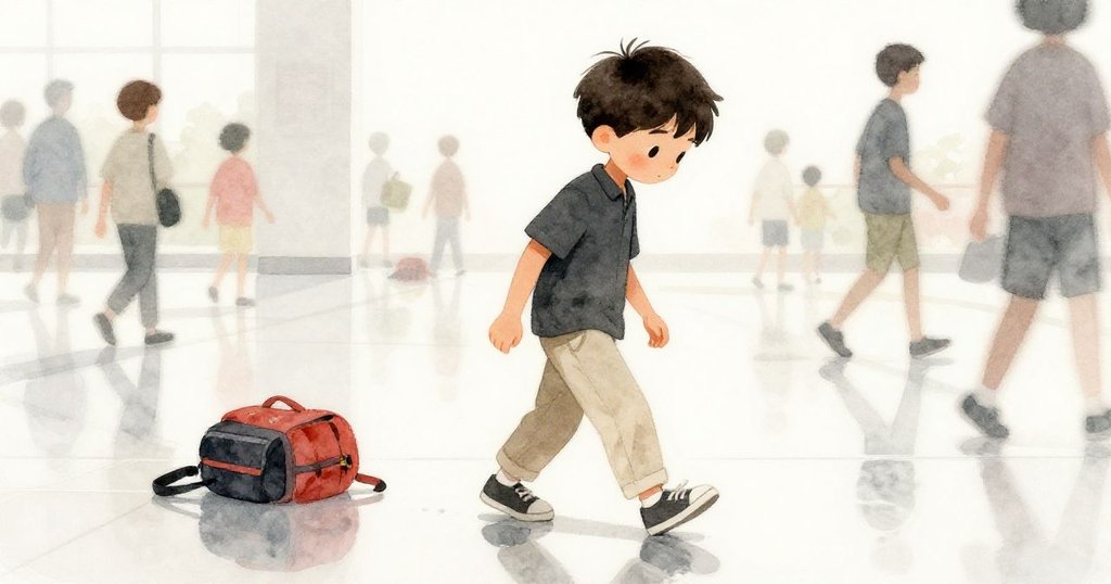 胡果小心翼翼地走在剛清潔過的光亮濕滑地板上，鞋步輕盈，環境呈現現代室內風格與動態人群