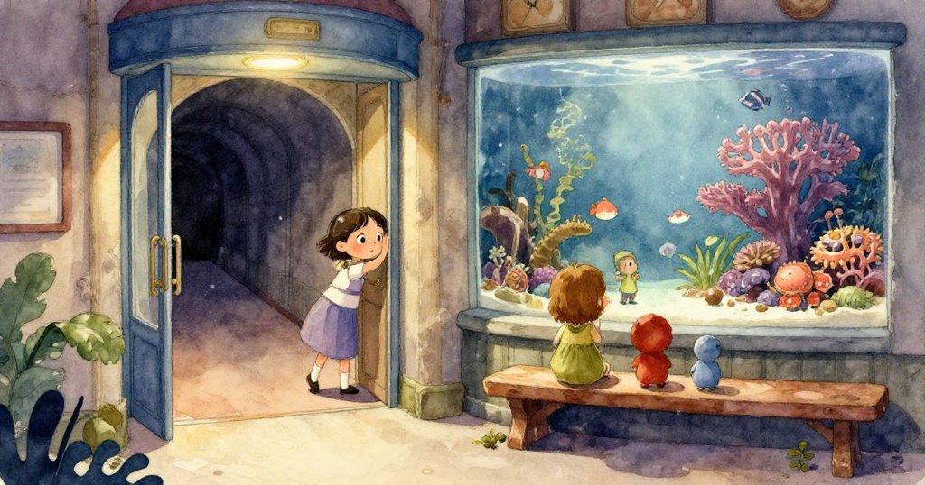 從水族箱中，一隻熟睡的魟魚因餵食音樂驚醒，泡泡在水中緩緩上升，呈現生動的水下動感