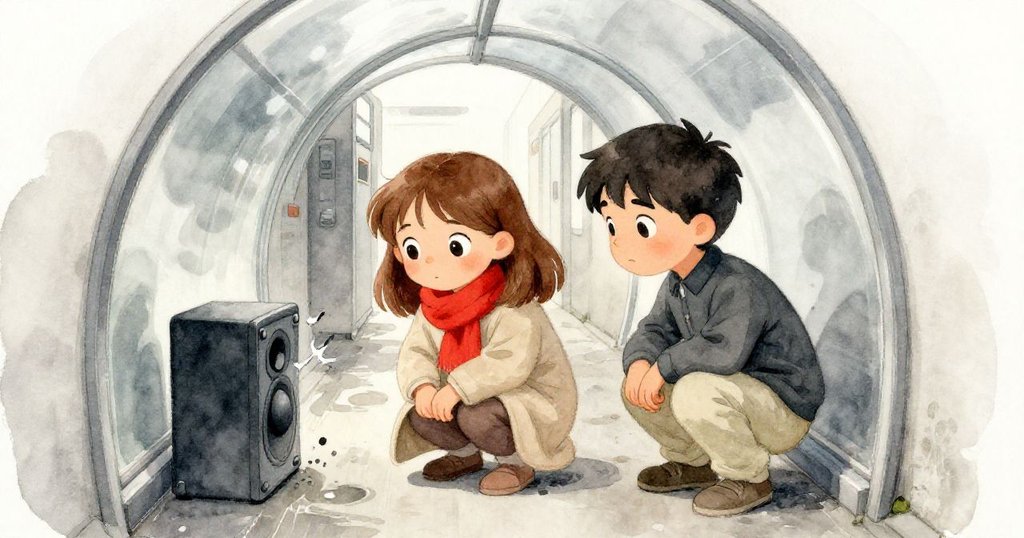 奧莉芙與胡果蹲伏進入狹窄維護通道，沿著玻璃隧道前進，地面微濕反射出緊張氛圍