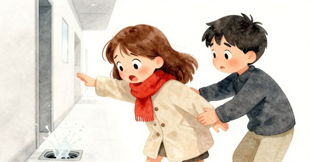 奧莉芙因水流失去平衡，胡果迅速抓住她的衣袖，兩人表情中流露出驚訝與安心，展現團隊合作