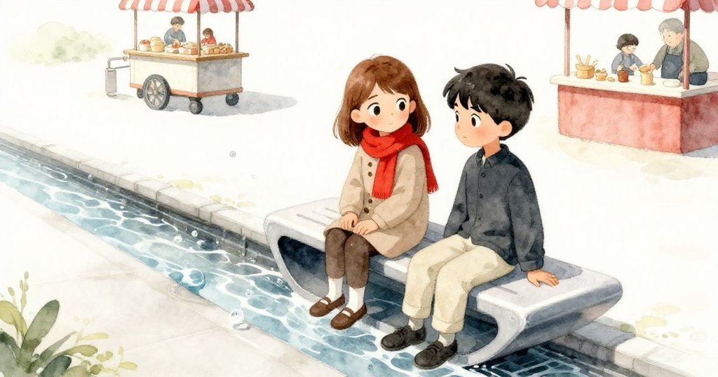 奧莉芙與胡果坐在移動的現代長椅上，長椅露出隱藏的水流與泡泡，遠處小販車經過，故事暗示將繼續展開