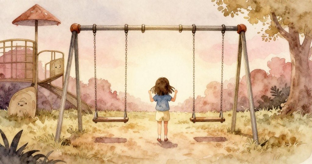 Tara走向空蕩盪的鞦韆架,鏈條隨風搖曳,背景為開放遊樂場,神秘而充滿好奇