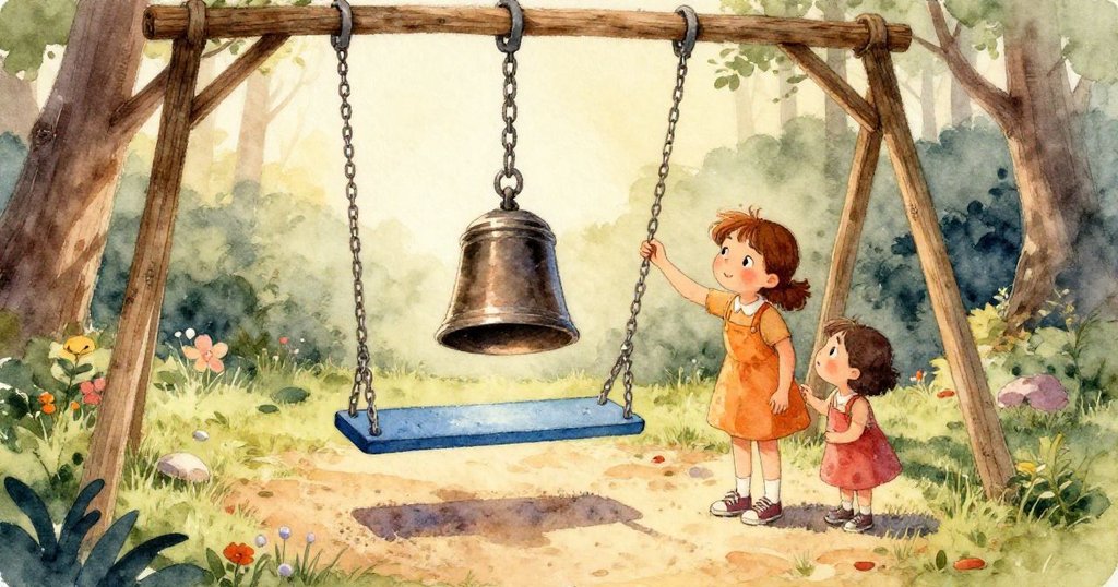 Tara的手輕輕舉起鬆動的鏈條,金黃與藍灰色交織,展現出探索失落鞦韆奧秘的好奇神情