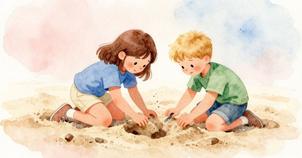 Tara與Glen齊心協力挖掘沙堆,輕揚的沙粒與復古色調交織,展現出對過往歡樂時光的追憶與團隊合作精神