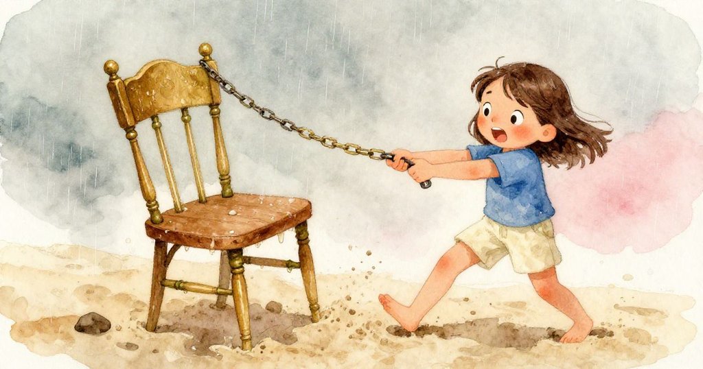 Tara奮力拉出雨滴未乾的木製鞦韆座,鏈條叮噹作響,展現出發現時刻的緊張與興奮,在濕潤遊樂場中激起浪花