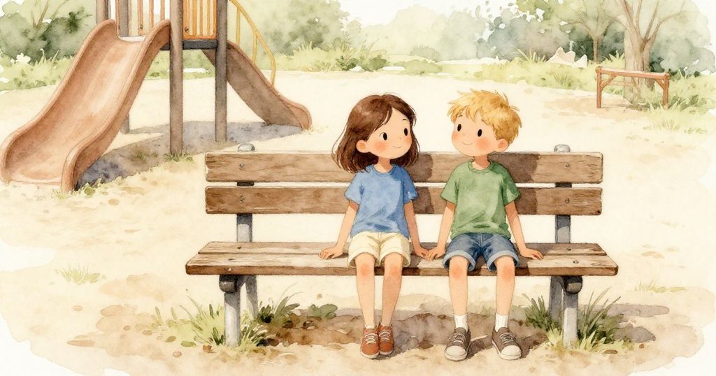 雨過天晴後,Tara與Glen坐在長椅旁,靜靜欣賞找回的木製鞦韆座,遊樂場充滿他們合作努力的印記,流露寧靜與滿足