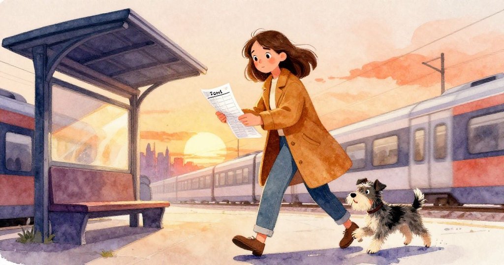 Tess在火車站避難所前用力扶住彎曲的時刻表,Patch在旁好奇嗅探,背景蒸汽和暖色調營造出神祕氛圍。