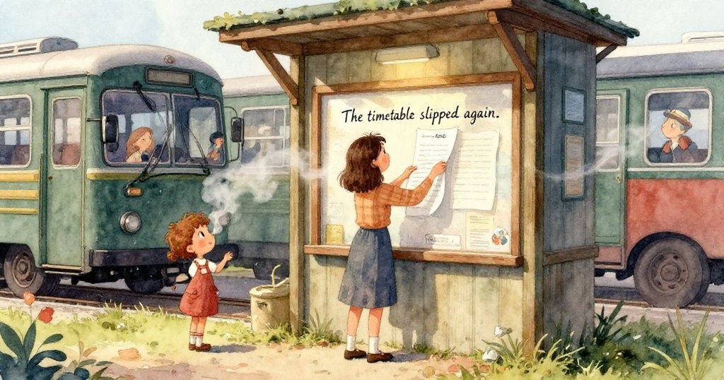 Tess輕觸褪色的時刻表,紙上濕潤墨跡如藍雲飄散,特寫呈現溫柔又略帶憂慮的神情。