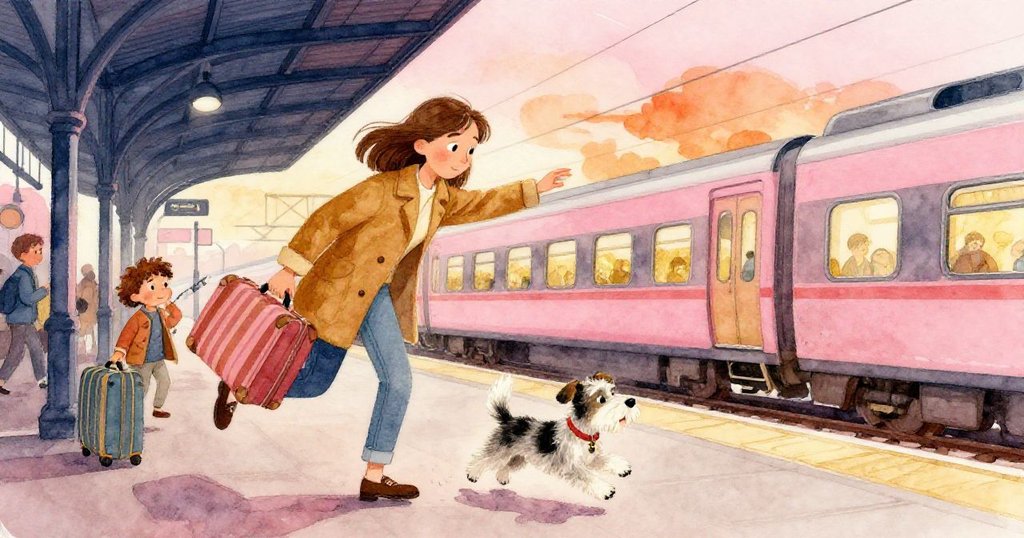 在火車站月台上,孩子們跨越條紋行李箱跳躍,Tess推動Patch向前,背景與前景動態分明,充滿活力。