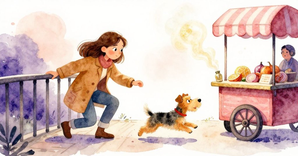 在行人天橋上,Tess蹲下緊握暖色金屬扶手,Patch急奔向散發洋蔥香氣的小吃車,動態強烈且充滿緊張氣氛。