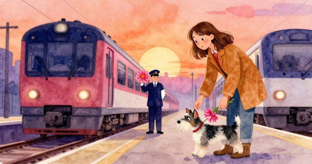 火車即將駛離,響起門鈴聲,Tess將鮮豔的大麗花繫在Patch項圈上,旁有搬運工走過,分秒相扣表現因果互動。