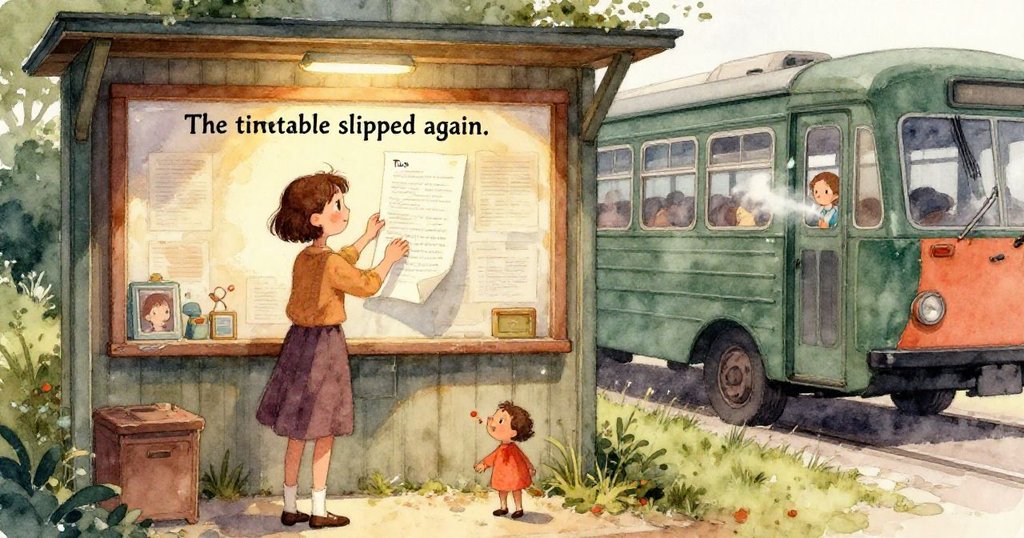 月台變得空蕩,僅見一朵沾煙灰的大麗花與皺縮口香糖紙,時刻表依舊掛在公告板上,營造寧靜回憶。