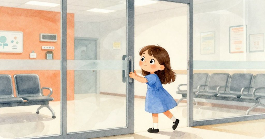 Pia推開玻璃門進入診所等待室，手持輕捲票券，神情好奇，場景明亮溫暖，故事開始展開。