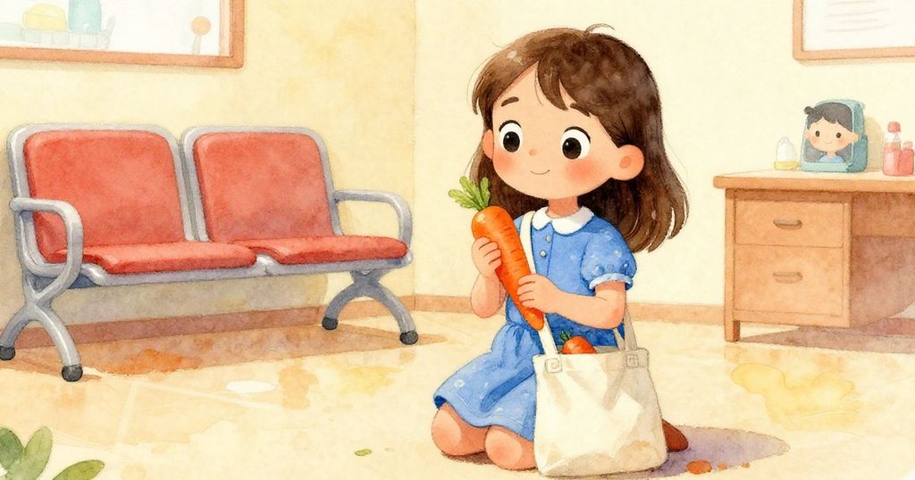 Pia蹲下從帆布包中拿出鮮豔胡蘿蔔，手部動作溫柔，背景是診所等待室，流露出關懷情懷。